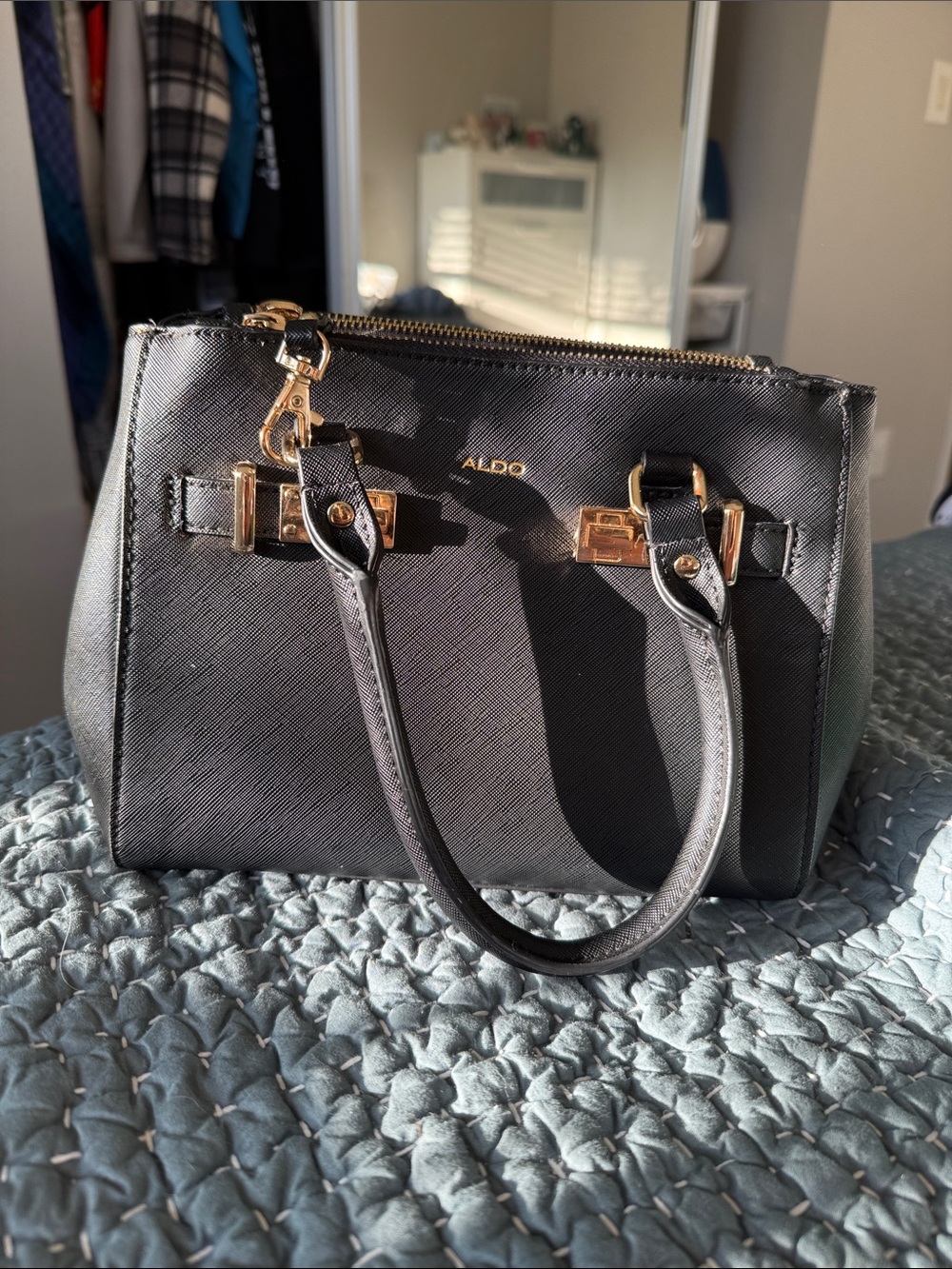Aldo Black Saffiano Satchel with Gold Hardware